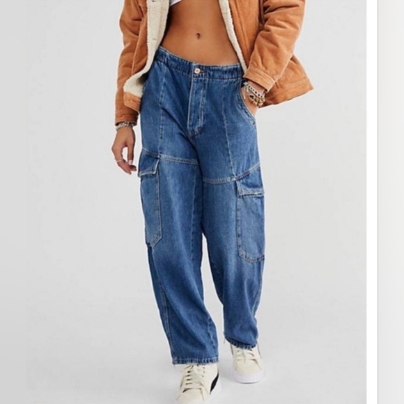 We The Free Denim - Free People All Star Pull On Jeans Utility Cargo Low Slung Baggy Denim Small